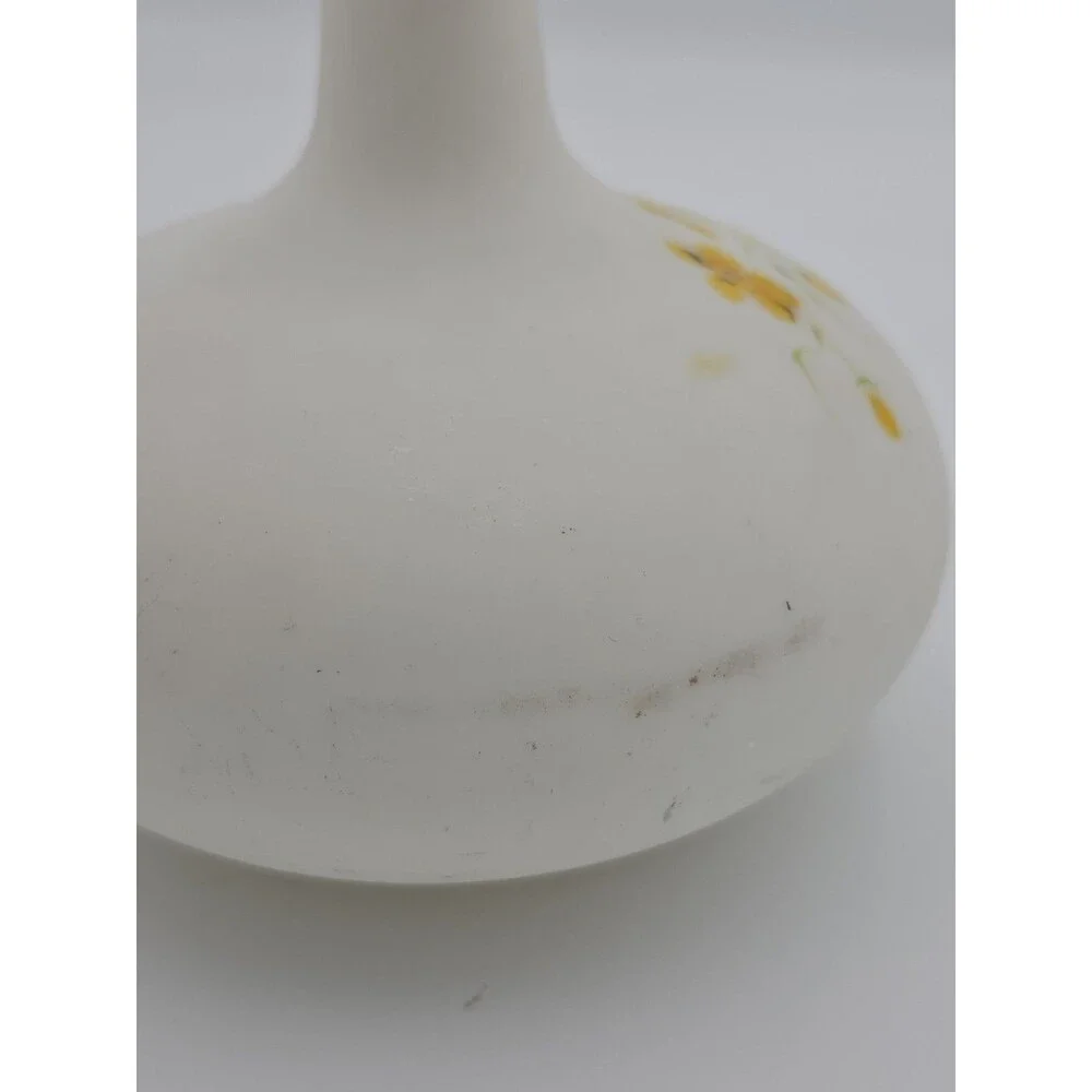 VtgFrosted Satin Glass Floral Decanter Bottle Yellow Flowers w/Stopper 8.5 in
